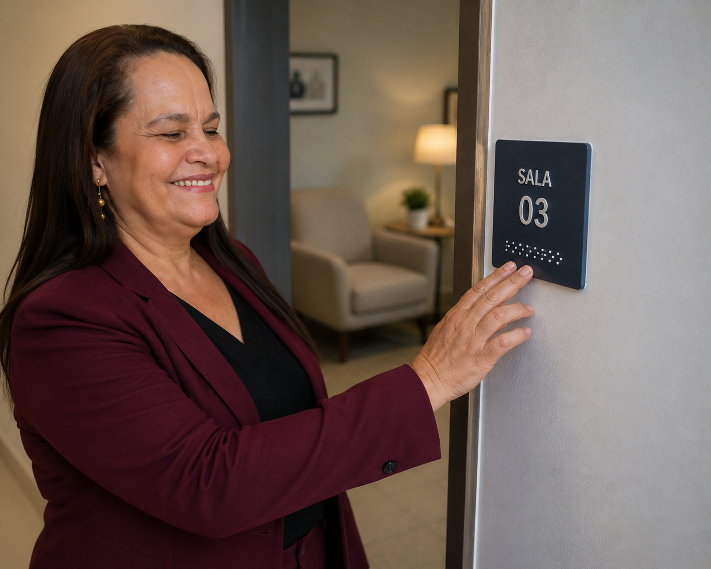 Edna Santos está sorrindo diante da entrada de uma sala, usando um conjunto social vinho com blusa preta. Ela estende a mão direita e toca uma placa escura identificada como “SALA 03”, que também apresenta a inscrição em braile. Ao fundo, é possível ver um ambiente acolhedor, com poltrona, mesa, luminária e uma planta.