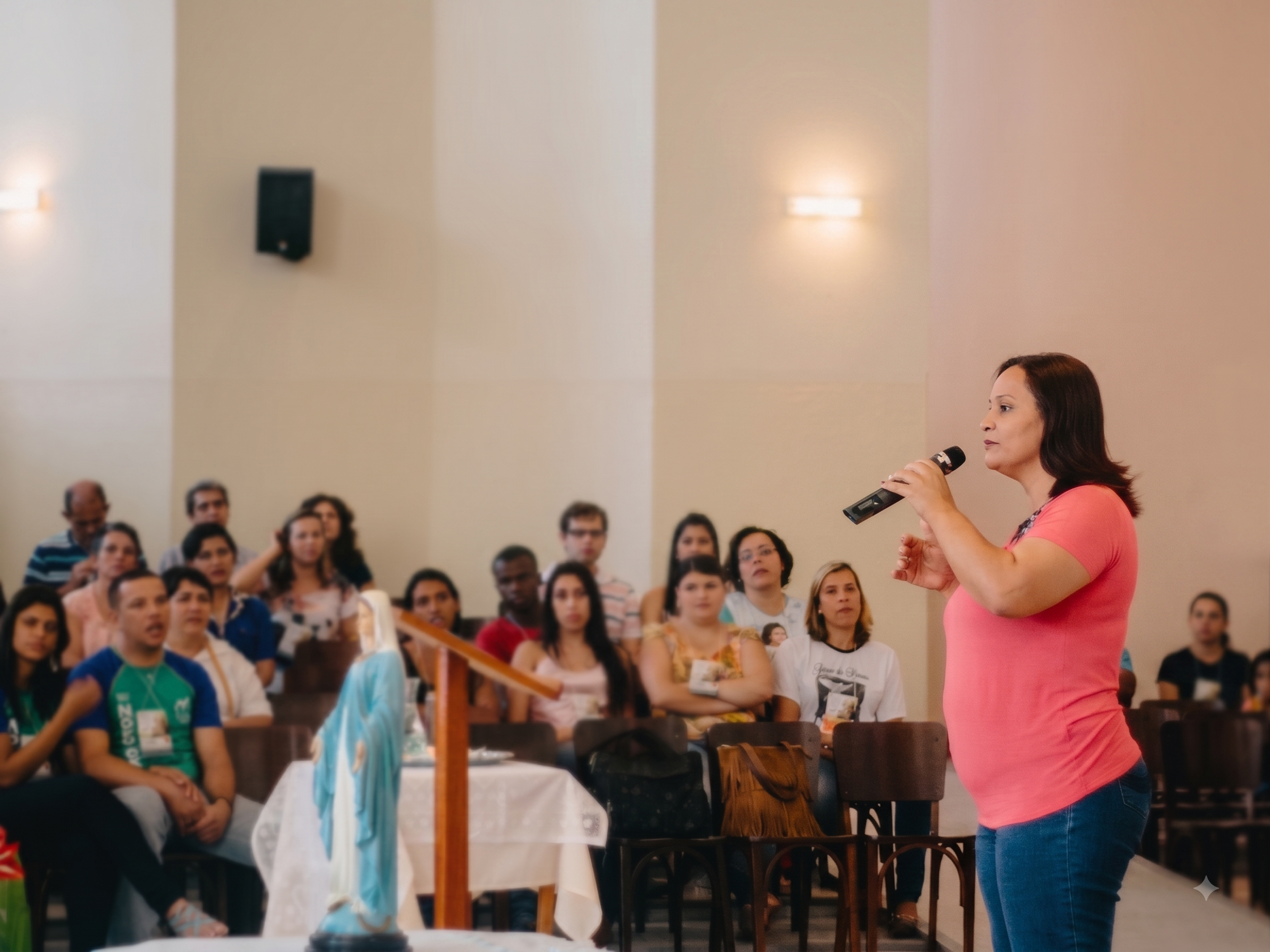 A imagem mostra Edna Santos de pé no lado direito, falando em um microfone para uma audiência sentada em cadeiras de madeira em um grande salão com paredes bege. Edna tem cabelos castanhos até os ombros e veste uma blusa de manga curta rosa coral e calças jeans azuis. Ela segura o microfone na mão direita, segurando-o perto da boca com a mão esquerda enquanto fala, olhando para a audiência com uma expressão concentrada. Seus cabelos estão presos atrás das orelhas e ela usa brincos de argola pequenos. A audiência está sentada em filas de cadeiras de madeira em frente a ela, olhando para ela. Os rostos deles estão borrados, mas vários deles são visíveis. A pessoa mais próxima à mulher veste uma blusa branca e está sentada na segunda fila. À esquerda, um homem com uma blusa verde com o logotipo "NOVOS" branco e amarelo está sentado na primeira fila. Há uma pequena estátua da Virgem Maria em um pedestal de madeira sobre uma mesa coberta por uma toalha de mesa branca com rendas. A estátua veste um véu branco e uma túnica azul. O salão tem paredes bege com painéis verticais de tecido castanho claro e luminárias de parede perto do teto. Um alto-falante preto está montado na parede perto do teto acima da audiência. O chão é coberto por carpetes cinzentos. Há uma mesa com duas sacolas de compras de papelão marrom e uma bolsa de ombro de couro marrom na frente da audiência. Duas pequenas flores vermelhas estão visíveis no canto inferior esquerdo.